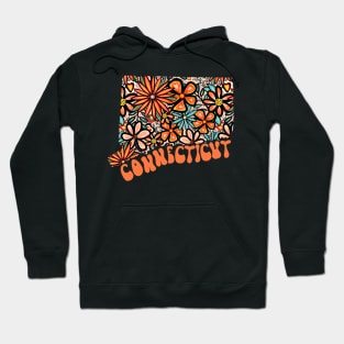 Connecticut State Design | Artist Designed Illustration Featuring Connecticut State Outline Filled With Retro Flowers with Retro Hand-Lettering Hoodie